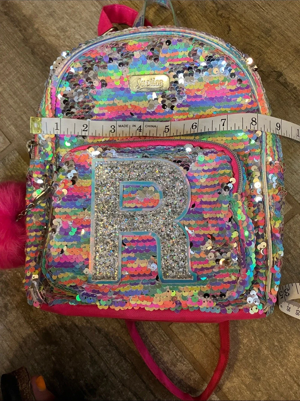 JUSTICE GIRLS SCHOOL MINI BACKPACK SILVER SEQUIN FLIP POMPOM INITIAL R 2019